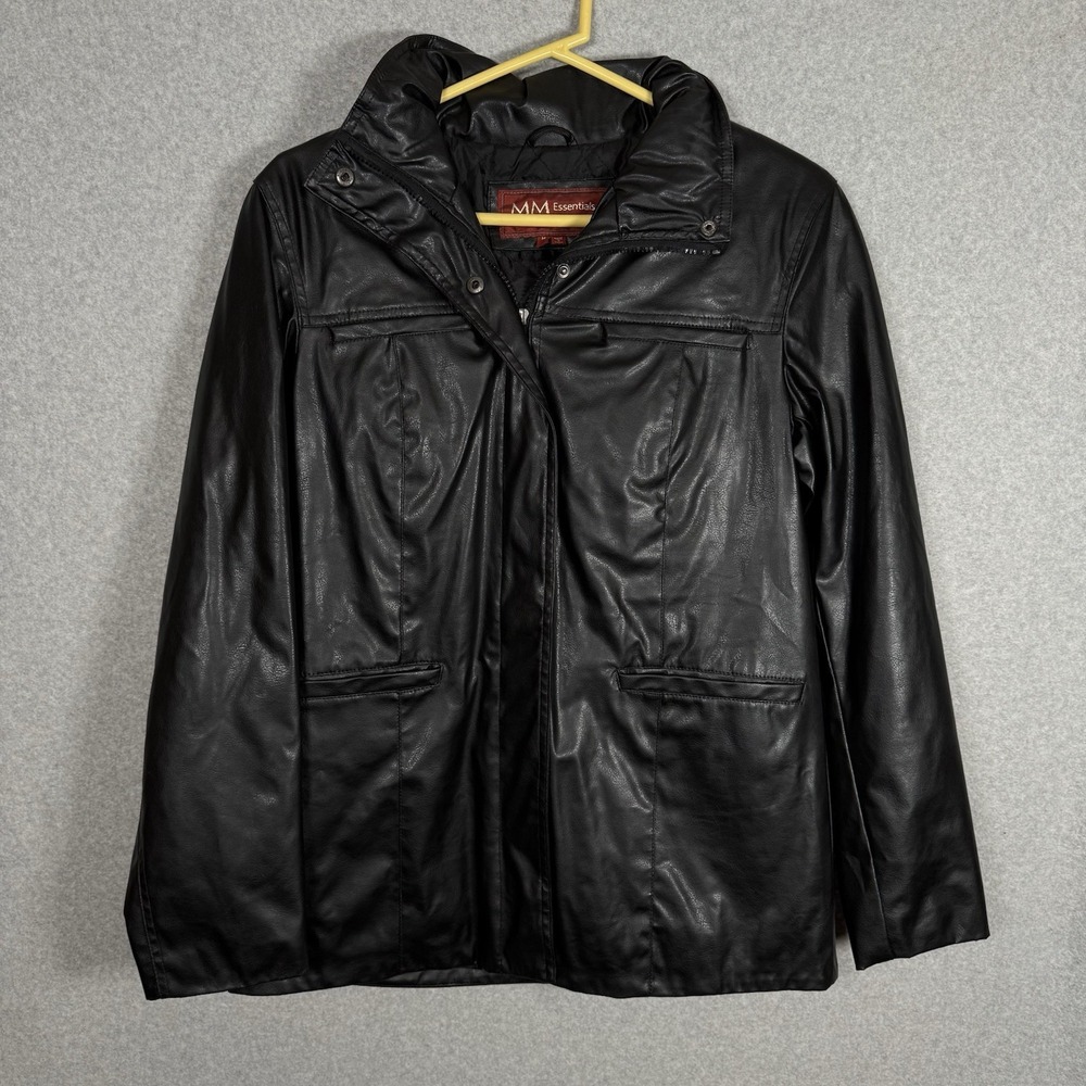 Mm Essentials Faux Leather Rain Jacket Womens Medium Black Zip Up